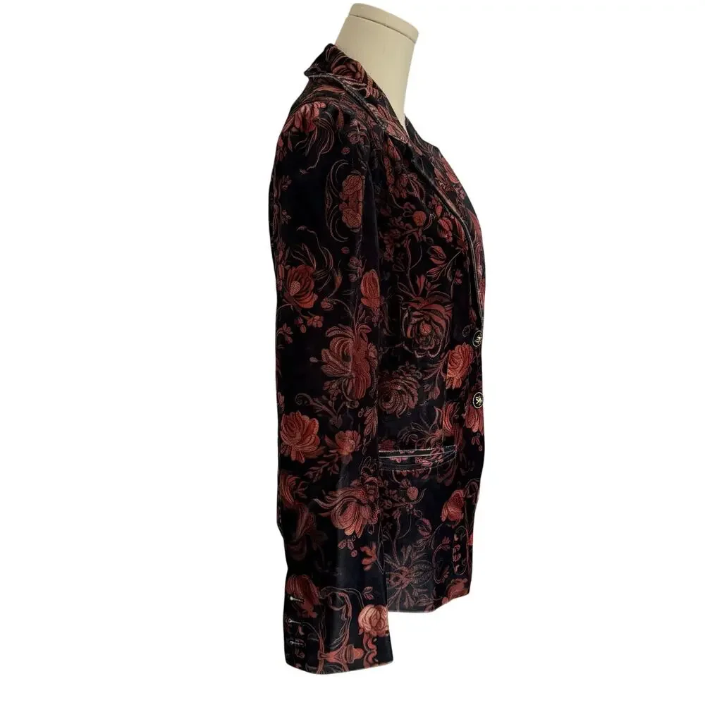 FuTario (M) Velvet Jacquard Floral Blazer Gathered Shoulders Black/Gold Buttons
